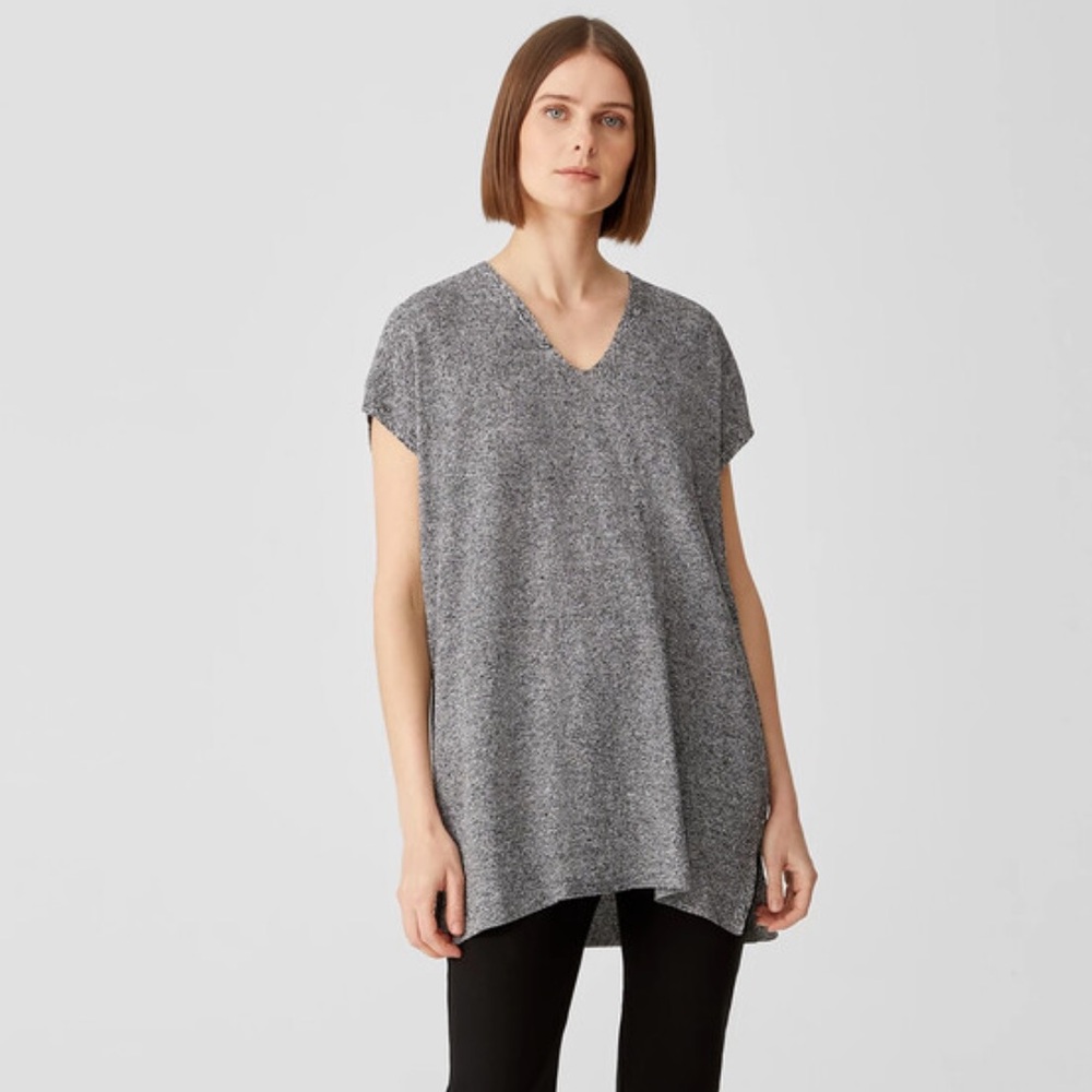 Eileen Fisher Organic Linen Cotton Twist V-Neck Top Black/White Large